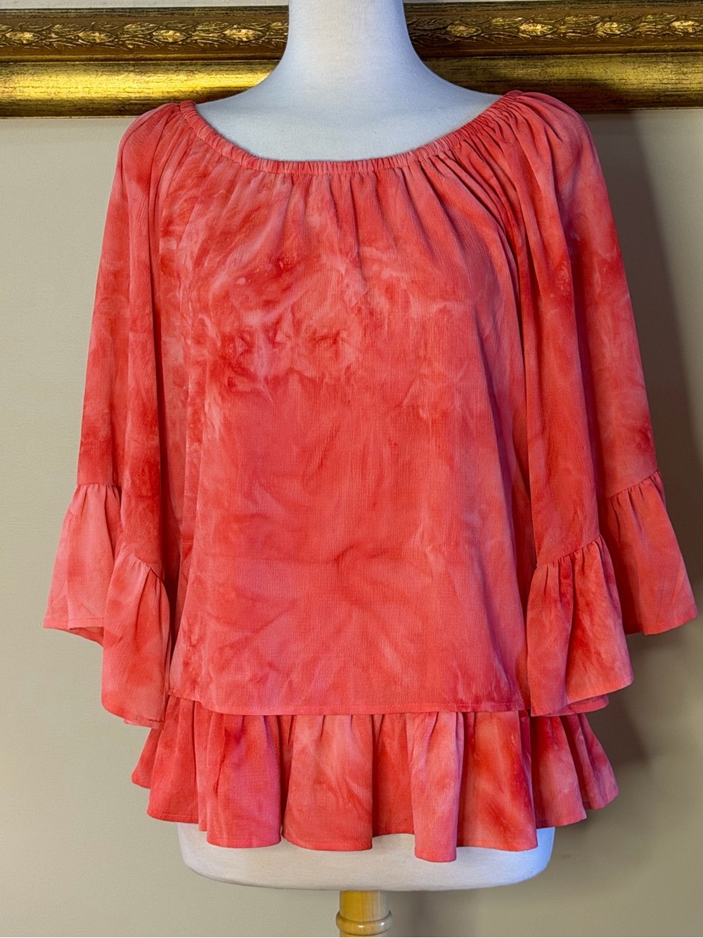 New Directions | Size Medium Coral Tie-Dye Ruffle Peasant Top